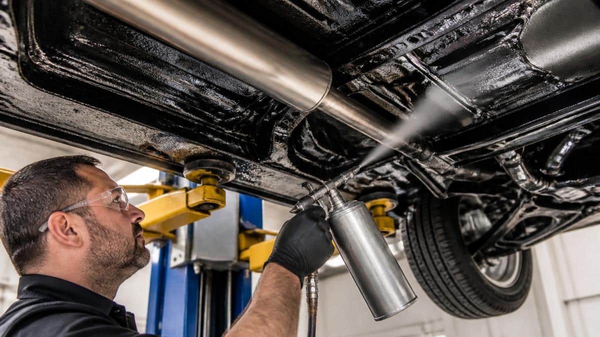 Diagram illustrating the process and benefits of one time vehicle undercoating for rust prevention on a chassis.